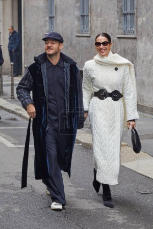 Photo for MILAN, ITALY - JANUARY 16, 2023: Alessandro Cattelan and Ludovica Sauer before Giorgio Armani fashion show, Milan Fashion Week street style - Royalty Free Image