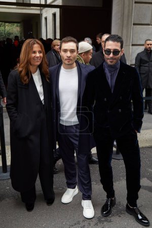 Photo for MILAN, ITALY - JANUARY 16, 2023: Roberta Armani, Ed Westwick and Miguel Angel Silvestre before Giorgio Armani fashion show, Milan Fashion Week street style - Royalty Free Image