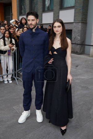 Photo for MILAN, ITALY - FEBRUARY 23, 2023: Raffey Cassidy and guest before Emporio Armani fashion show, Milan Fashion Week street style - Royalty Free Image