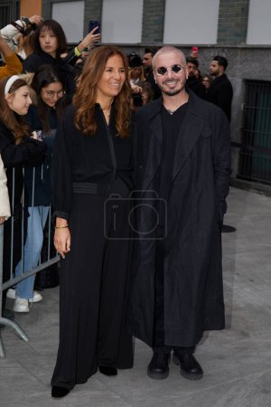 Photo for MILAN, ITALY - FEBRUARY 23, 2023: J Balvin and Roberta Armani before Emporio Armani fashion show, Milan Fashion Week street style - Royalty Free Image