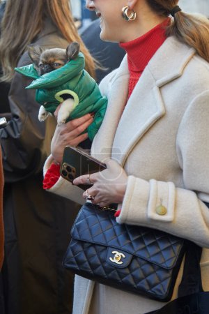 Téléchargez les photos : MILAN, ITALIE - 13 JANVIER 2024 : Femme avec sac Chanel en cuir noir et chien au menton japonais avec veste gonflante verte avant le défilé MSGM, Milan Fashion Week street style - en image libre de droit