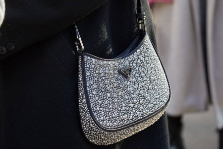 Téléchargez les photos : MILAN, ITALIE - 13 JANVIER 2024 : Femme avec sac Prada avec décoration en cristaux avant le défilé Dolce et Gabbana, Milan Fashion Week street style - en image libre de droit