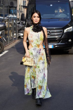 Photo for MILAN, ITALY - FEBRUARY 21 , 2024: Heart Evangelista before Onitsuka Tiger fashion show, Milan Fashion Week street style - Royalty Free Image