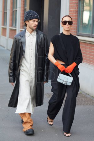 Photo for MILAN, ITALY - FEBRUARY 21 , 2024: Js Roques and Alice Barbier before Fendi fashion show, Milan Fashion Week street style - Royalty Free Image