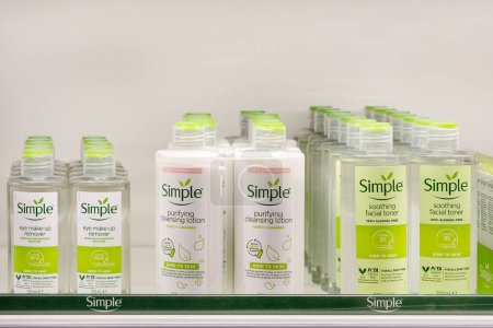 Photo for Sainsblury's, Luton Road, Dunstable brunch, UK - December 27, 2023: shelf with the popular skincare brand Simple, known for its gentle and sensitive skin-friendly products without artificial perfumes - Royalty Free Image