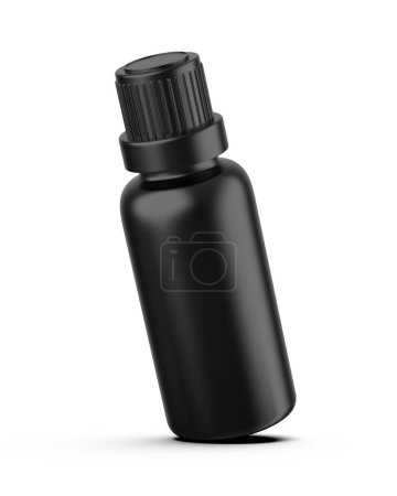 Schwarze Kosmetikflasche mit Schraubverschluss-Attrappe auf isoliertem weißem Hintergrund, bereit für die Designpräsentation, 3D-Illustration