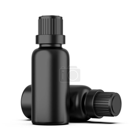 Flacon cosmétique noir avec modèle de maquette de bouchon à vis sur fond blanc isolé, prêt pour la présentation de design, illustration 3D