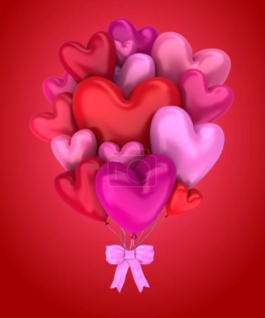Téléchargez les photos : Bouquet de ballons rouges et roses en forme de cœur - rendu 3d - en image libre de droit