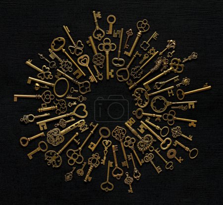 Vintage victorian style golden skeleton keys. Concepts of keys to success, unlocking potential, or achieving goals.