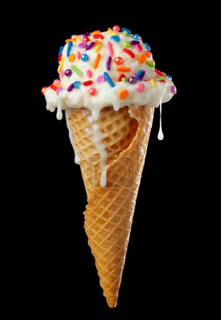 Téléchargez les photos : Gros plan du cône de crème glacée dégoulinante et fondante avec glace à la vanille et un cône de gaufre recouvert d'aspersions colorées isolées sur du noir - en image libre de droit