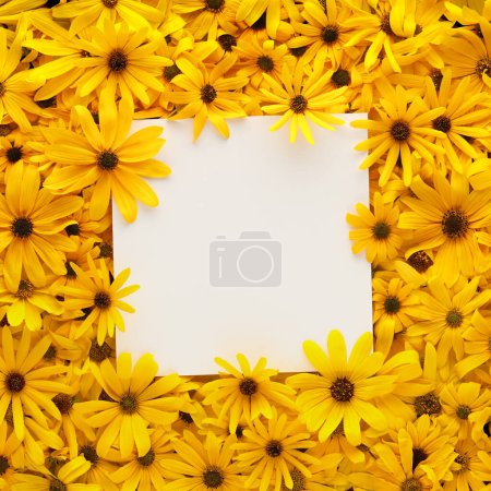 Téléchargez les photos : Mur de fleurs jaune vif avec carte blanche vierge carrée pour l'espace de copie. - en image libre de droit