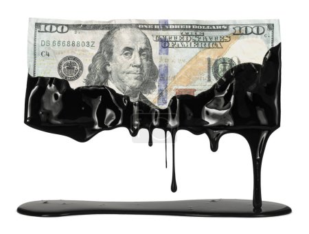Téléchargez les photos : Bons du dollar américain dégoulinant de pétrole brut montrant le coût élevé du gaz à la pompe ou la dépendance des États-Unis aux combustibles fossiles. - en image libre de droit