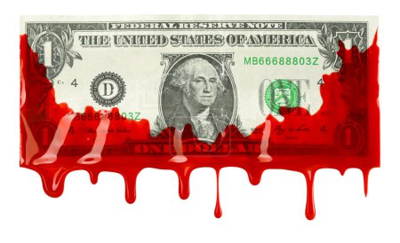 Foto de Billete de dólar estadounidense cubierto y goteando con sangre roja. Mostrando avaricia corporativa, corrupción, o un crimen. - Imagen libre de derechos
