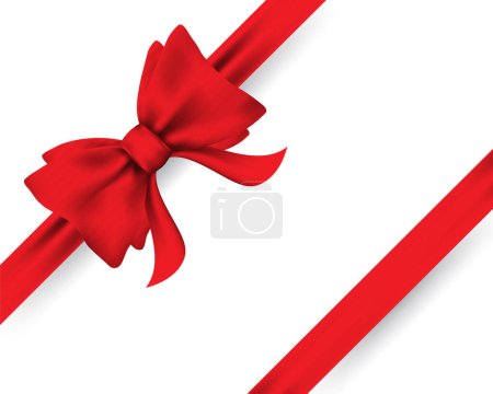Illustration for Shiny satin red bow and ribbon gift box on white background. Vector illustration. - Royalty Free Image