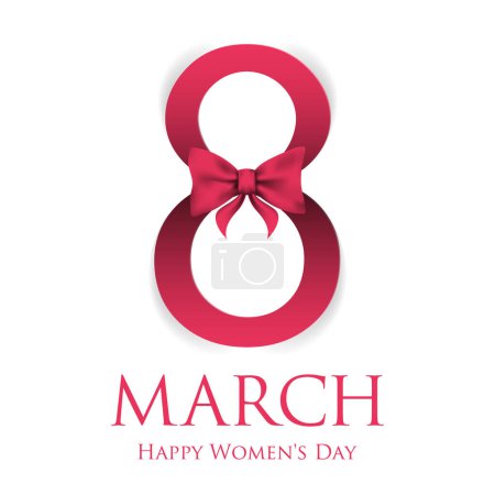 8 March greeting card template with lettering and pink bow on white background. International Women's day background or brochure. - Vector illustration