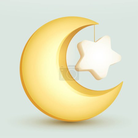 Téléchargez les illustrations : Croissant Lune avec décoration suspendue islamique - Étoile. Isolé. - en licence libre de droit