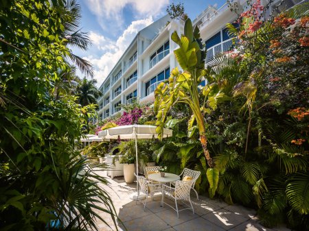 Téléchargez les photos : Grand Cayman, Îles Caïmans, 5 août 2023, vue sur la zone de repos au Palm Heights, un boutique hôtel sur Seven Mile Beach - en image libre de droit