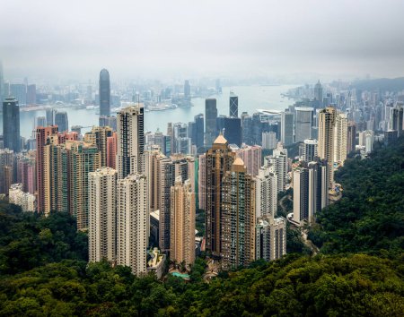 Téléchargez les photos : Hong Kong, île de Hong Kong, 28 janvier 2024, vue des gratte-ciel centraux de mi-hauteur depuis Victoria Peak, la plus haute colline de l'île - en image libre de droit