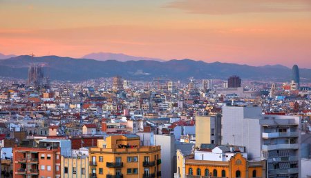 Photo for Barcelona, Catalonia, Spain. Sunset panorama over metropolis big city. - Royalty Free Image