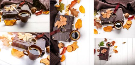 Photo for Collage set Autumn fall still life cup coffee yellow leaf book. - Royalty Free Image
