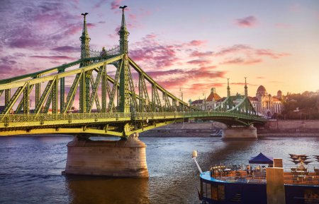 Photo for Budapest city, Hungary. Freedom bridge on Danube river. Sunset evening panoramic view the - Royalty Free Image