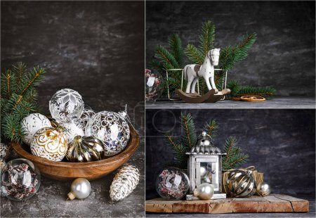 Téléchargez les photos : Ensemble de mélange de collage de carte de Noël avec déco de cheval en bois vintage - en image libre de droit