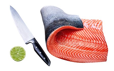 Foto de Filete de salmón fresco pescado rojo sobre fondo blanco con cuchillo y c - Imagen libre de derechos