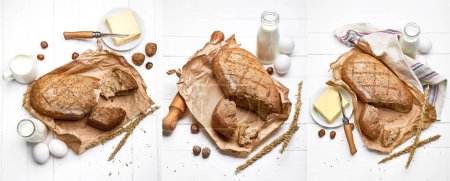 Téléchargez les photos : Collage mélange ensemble de pain frais avec croûte croustillante beurre et lait - en image libre de droit