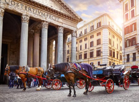Photo for Rome, Italy. Horses in harness with coach for entertaining touri - Royalty Free Image