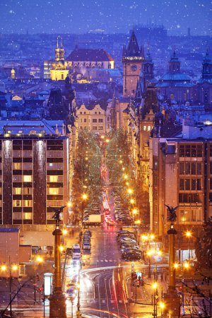 Photo for Prague Czech Republic. View at nighttime winter town with fallin - Royalty Free Image