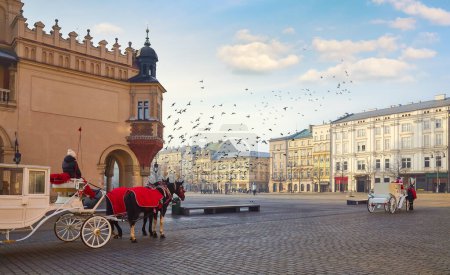 Photo for Krakow, Poland. Market Square in the Old Town. Streets of old to - Royalty Free Image