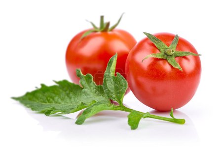 Photo for Organic tomato vegetables. Two tomatoes with green leaf. Still l - Royalty Free Image