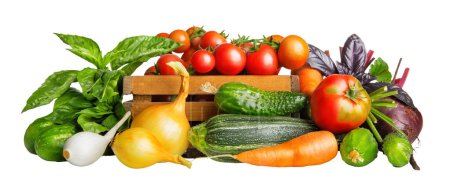Téléchargez les photos : Récolte de légumes frais dans le panier. Aliments biologiques Isolé sur whi - en image libre de droit