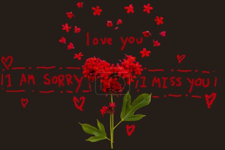 Foto de Lo siento, te amo, te echo de menos la escritura de la tarjeta de mensaje con flores rojas arreglo rubiáceas planos corazones laicos estilo sobre fondo negro - Imagen libre de derechos