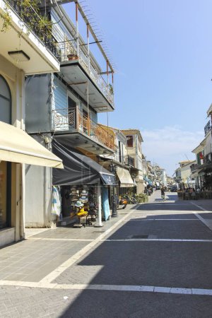Photo for LEFKADA TOWN, GREECE - AUGUST 21, 2023: Typical Street and building at town of Lefkada, Ionian Islands, Greece - Royalty Free Image