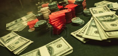 Téléchargez les photos : Poker chips are stacked neatly on a green textured table, the focus is on the chips with a shallow depth of field. The background is hazy with the smoke of cigars filling the room. - en image libre de droit