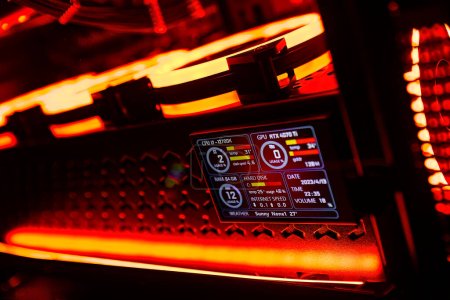 Elevate your gaming setup with a custom illuminated display showing real-time CPU, GPU, and RAM usage data.