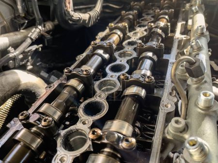 Photo for Close-up of camshafts and deposits on a diesel engine caused by EGR. - Royalty Free Image