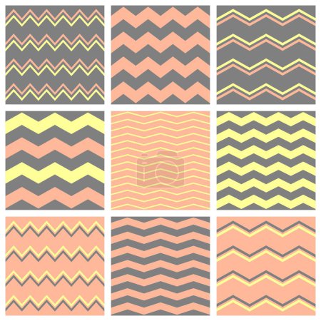 Ilustración de Tile pastel vector pattern set with white and pink, grey and yellow zig zag background - Imagen libre de derechos