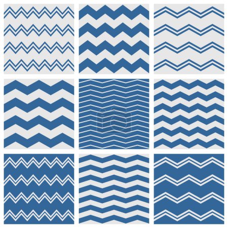 Ilustración de Azulejos chevron patrón vectorial conjunto con marinero azul y gris zig zag fondo - Imagen libre de derechos