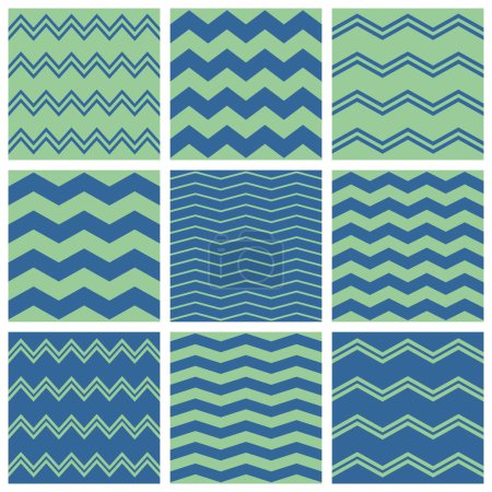 Ilustración de Azulejos chevron patrón vectorial conjunto con marinero azul y gris zig zag fondo - Imagen libre de derechos