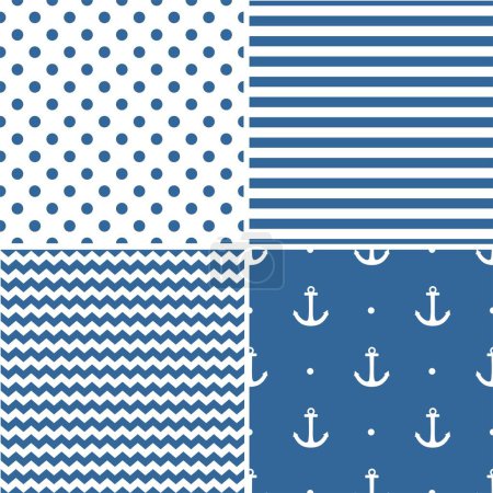 Ilustración de Patrón de vector marinero azulejo conjunto con lunares blancos, zig zag y rayas sobre fondo azul para papel pintado de decoración - Imagen libre de derechos