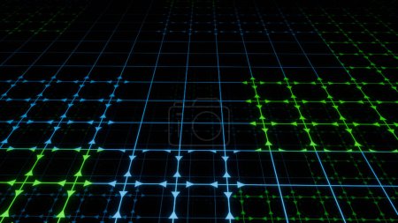 Digitale kybernetische Struktur aus Gittern, Punkten und abstrakten geometrischen Formen. Abstrakter Hintergrund, Bildschirmschoner