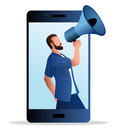 Illustration for Male figure comes out from cellphone using megaphone, influencer, key opinion leaders, self promotion on social media, vector illustration - Royalty Free Image