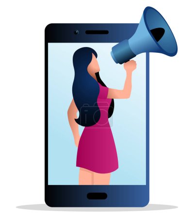 Illustration for Female figure comes out from cellphone using megaphone, influencer, beauty flogger, self promotion on social media, vector illustration - Royalty Free Image