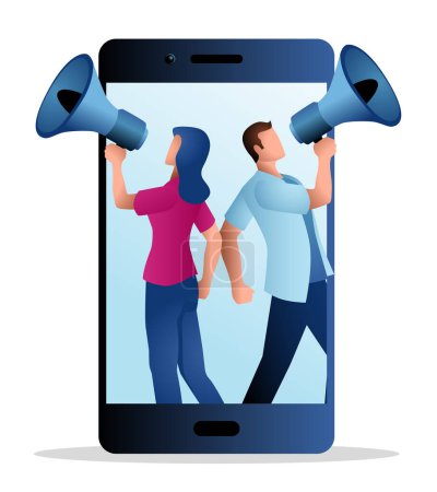 Male and female figure comes out from cellphone using megaphone, influencer, key opinion leaders, marketing on social media, vector illustration