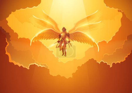Fantasievolle Illustration des Erzengels mit sechs Flügeln, der ein Schwert in den freien Himmel hält
