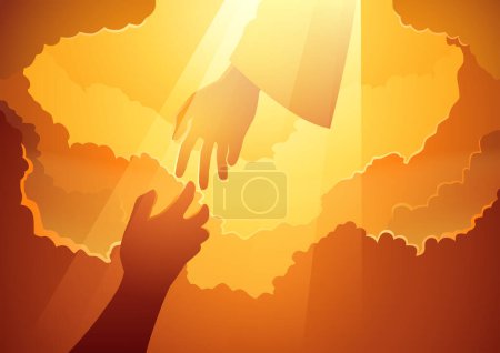 Illustration for Biblical silhouette illustration series, God hand in the open sky with human hand trying to reach Him, hope, help, God mercy concept - Royalty Free Image