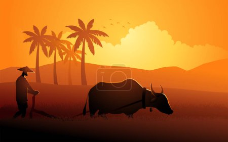 Ilustración de Campesino del sudeste asiático arando arrozal usando búfalo de agua, ilustración vectorial - Imagen libre de derechos