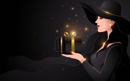 Illustration for Beautiful woman with black long hair holding a black giftbox, vector illustration - Royalty Free Image